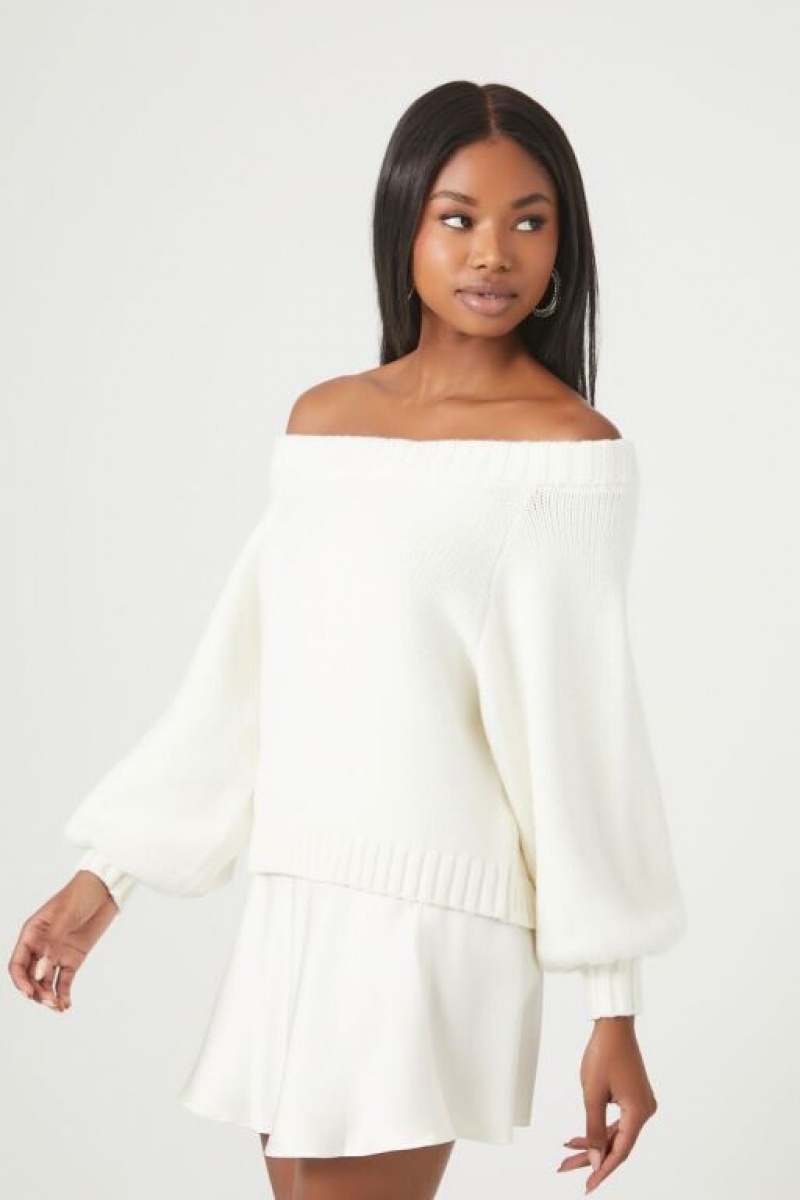 Suéteres Forever 21 Off The Shoulder Balloon Sleeve Mujer Creme | Ory35vkOiJ7