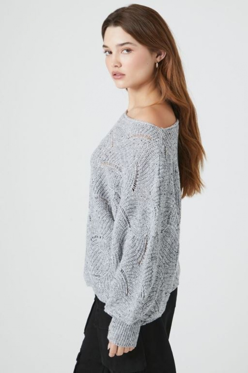 Suéteres Forever 21 Off The Shoulder Open Knit Mujer Gris | gqUJ9dMONSV