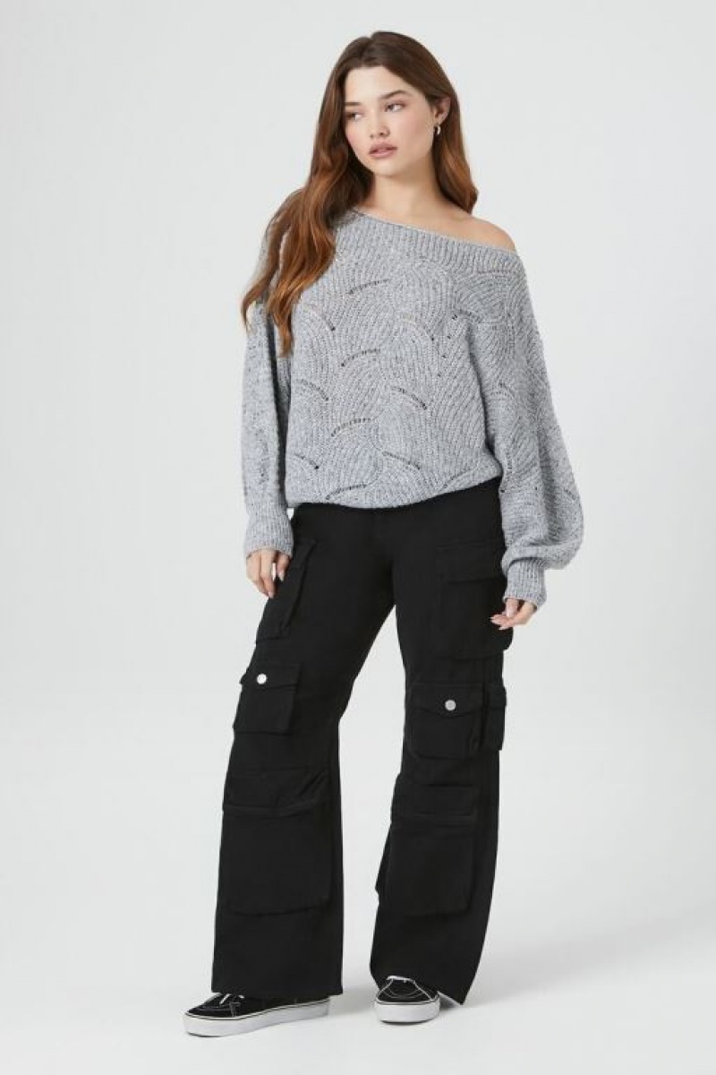 Suéteres Forever 21 Off The Shoulder Open Knit Mujer Gris | gqUJ9dMONSV