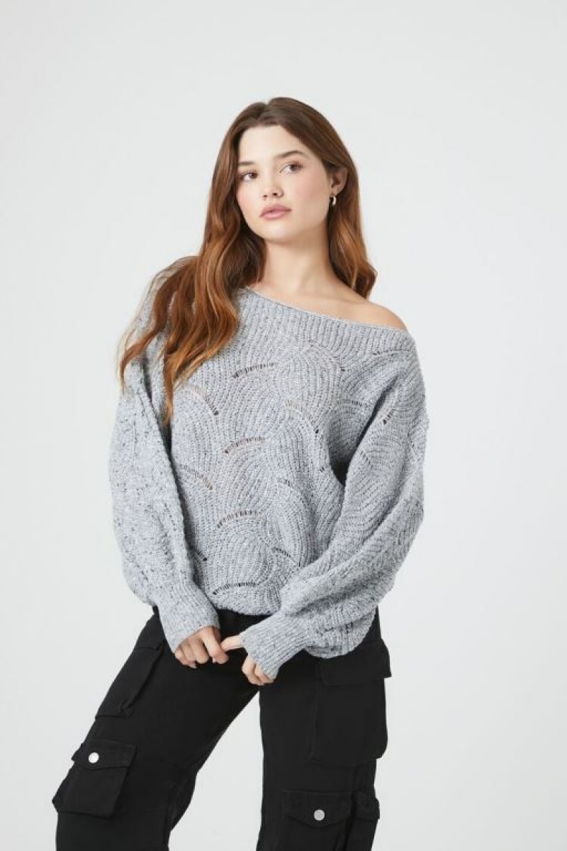 Suéteres Forever 21 Off The Shoulder Open Knit Mujer Gris | gqUJ9dMONSV