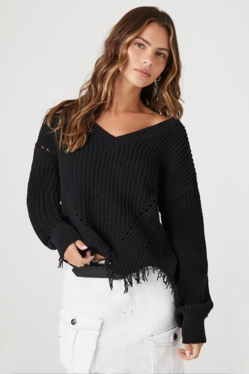 Suéteres Forever 21 Open Knit Sharkbite Hem Mujer Negras | JGQwMhpQCfn