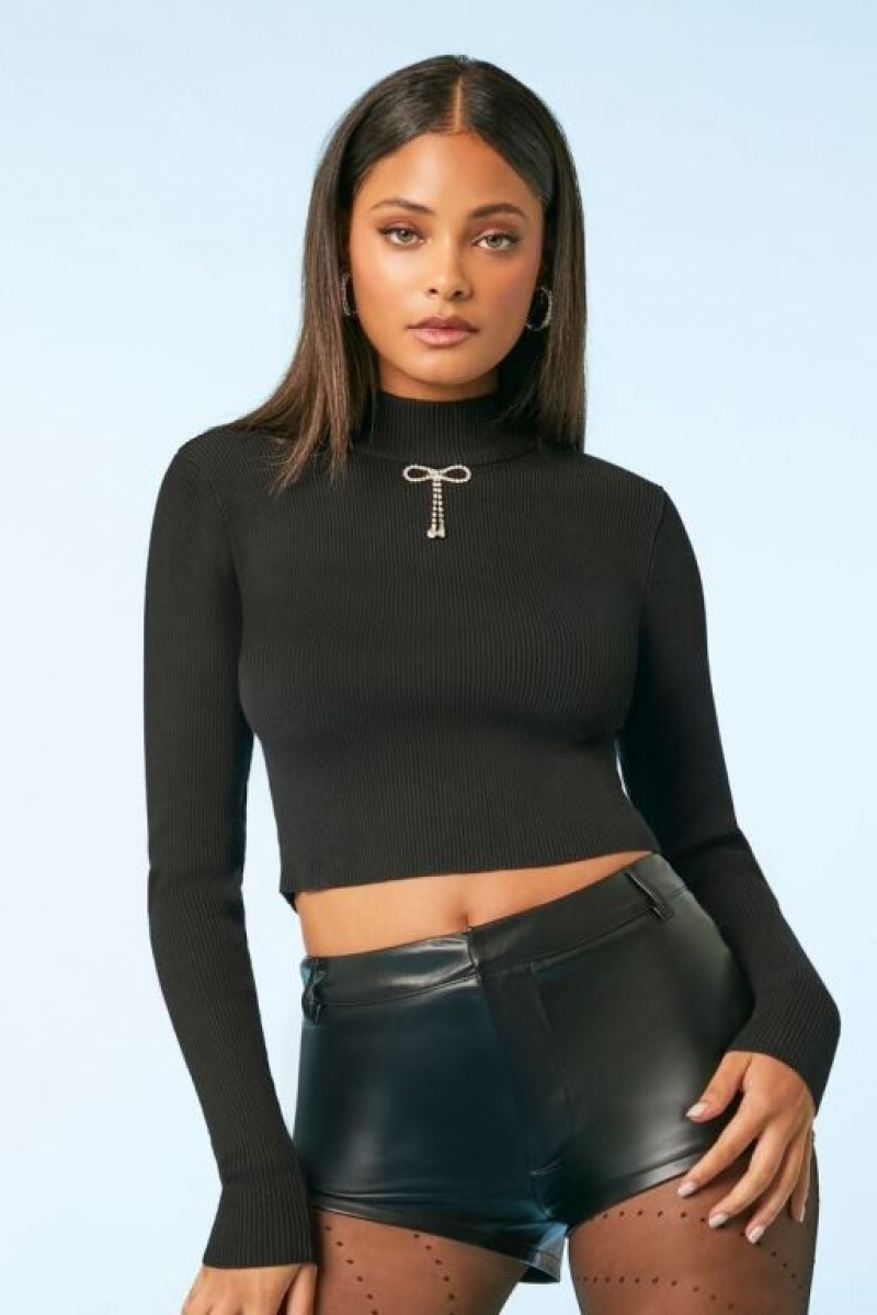 Suéteres Forever 21 Rhinestone Bow Knit Crop Mujer Negras | uMem633jHCn