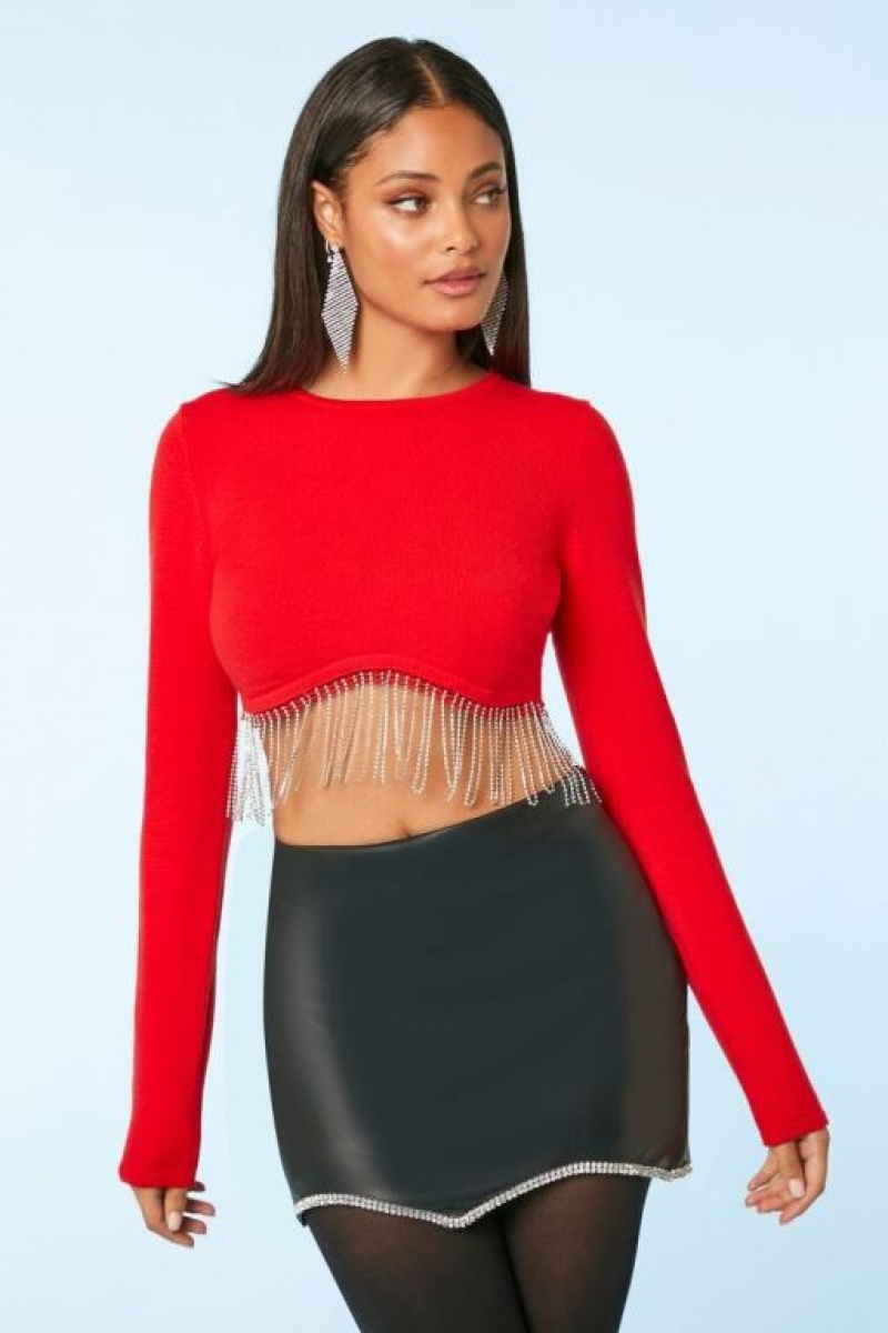 Suéteres Forever 21 Rhinestone Fringe Crop Mujer Rojas | 6zj9VqbHpM6