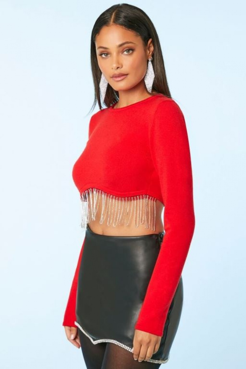 Suéteres Forever 21 Rhinestone Fringe Crop Mujer Rojas | 6zj9VqbHpM6