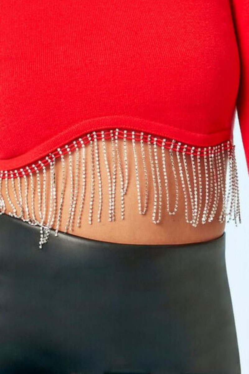 Suéteres Forever 21 Rhinestone Fringe Crop Mujer Rojas | 6zj9VqbHpM6