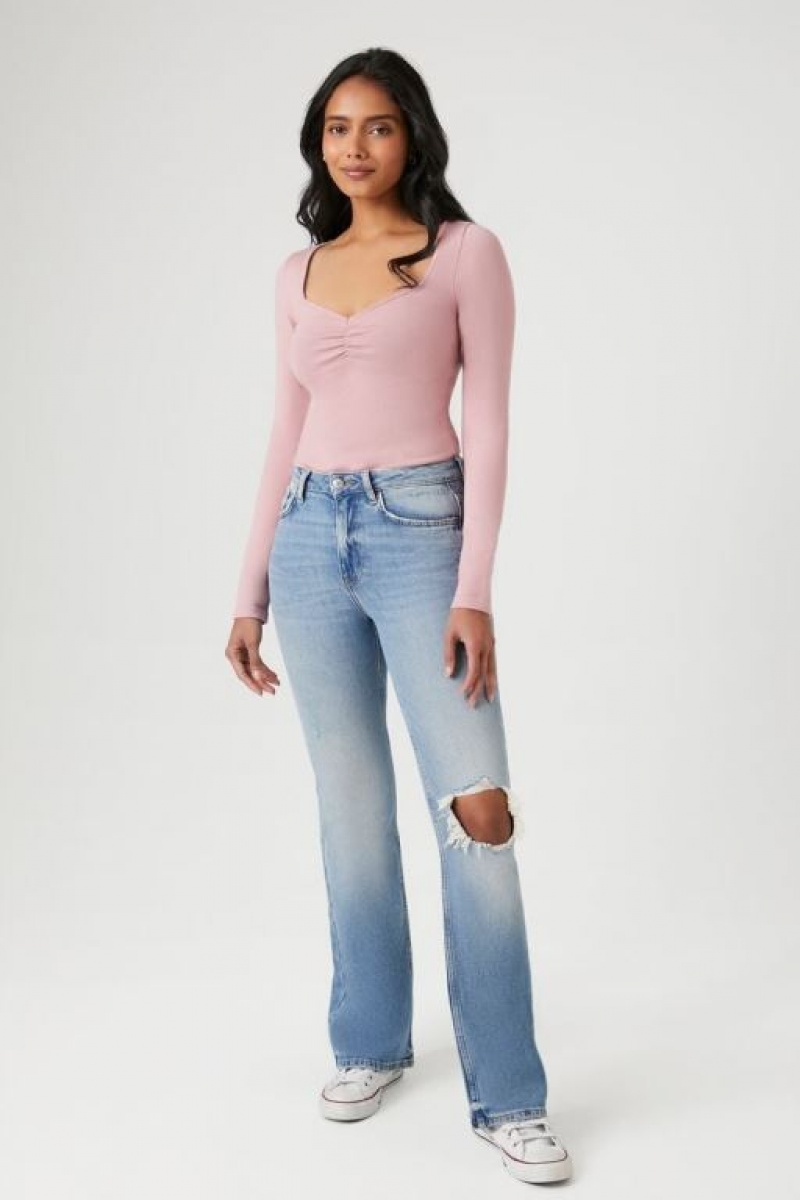 Suéteres Forever 21 Ruched Knit Bodysuit Mujer Moradas | CDnxgLchdeJ