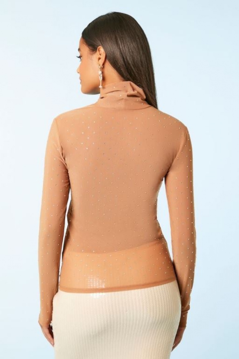 Suéteres Forever 21 Sheer Rhinestone Turtleneck Mujer Carob | cbsXUAuSiLo