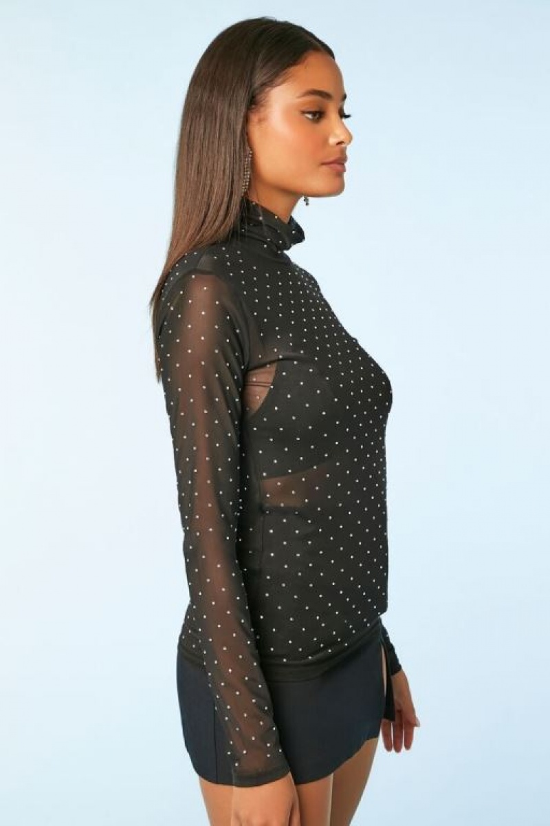 Suéteres Forever 21 Sheer Rhinestone Turtleneck Mujer Negras | mS40edyKkeP