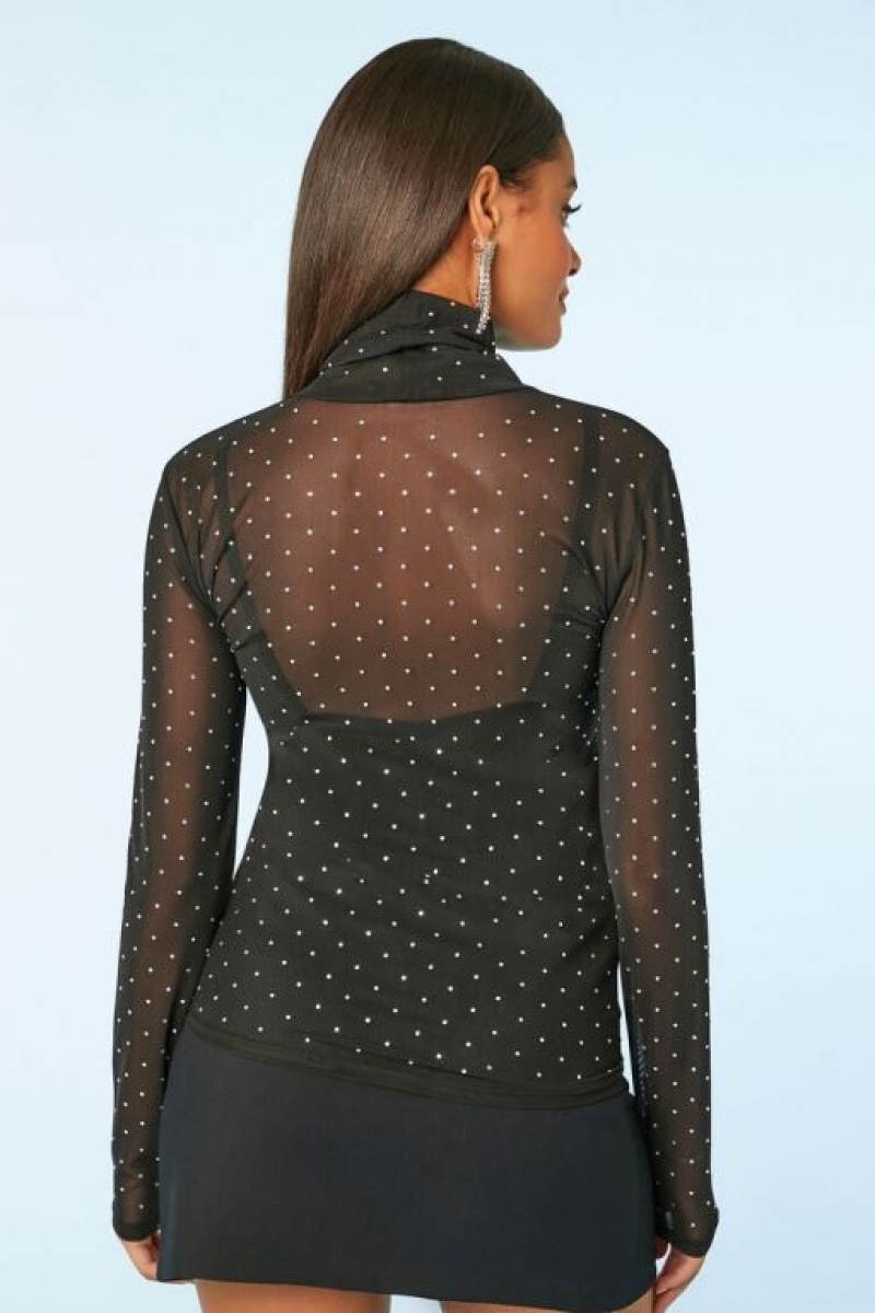 Suéteres Forever 21 Sheer Rhinestone Turtleneck Mujer Negras | mS40edyKkeP