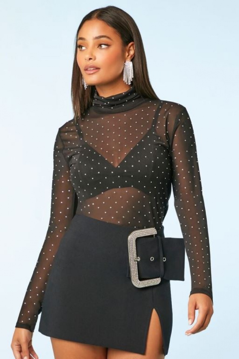 Suéteres Forever 21 Sheer Rhinestone Turtleneck Mujer Negras | mS40edyKkeP