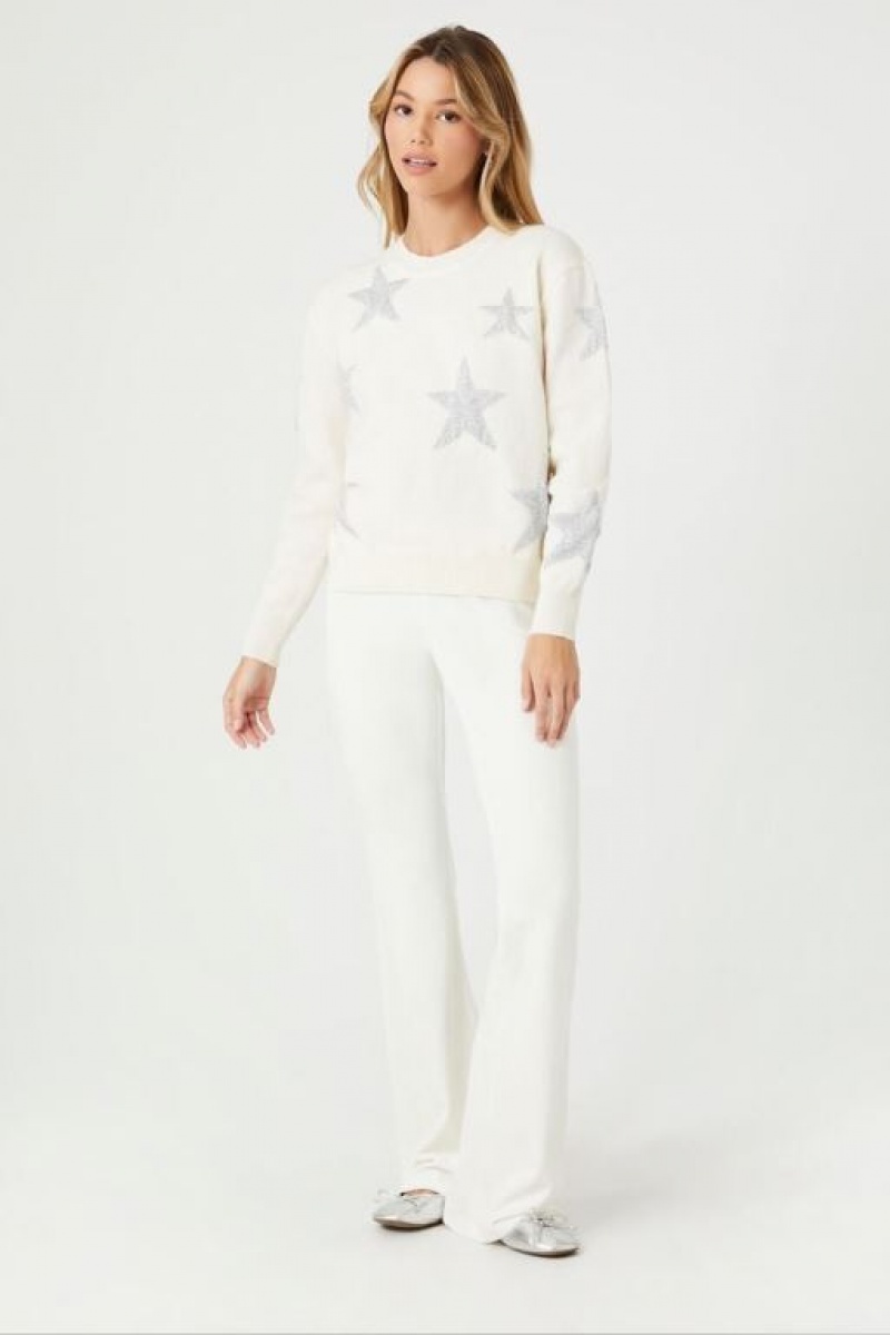 Suéteres Forever 21 Star Print Mujer Creme Plateadas | 5aisQkLwIHd