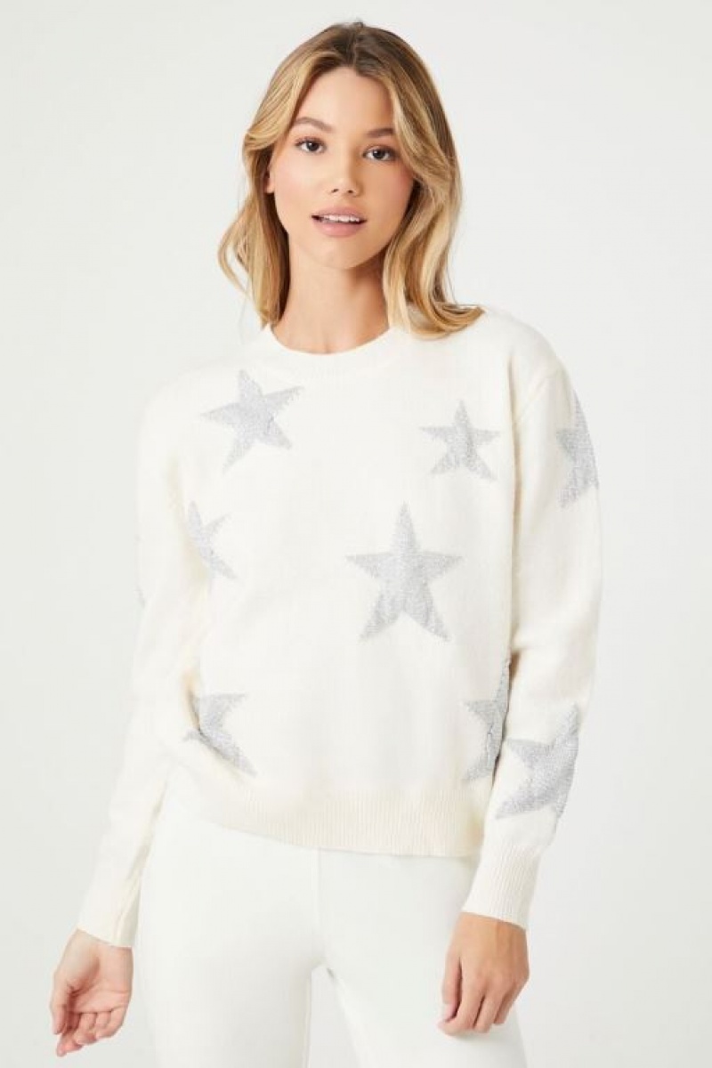 Suéteres Forever 21 Star Print Mujer Creme Plateadas | 5aisQkLwIHd