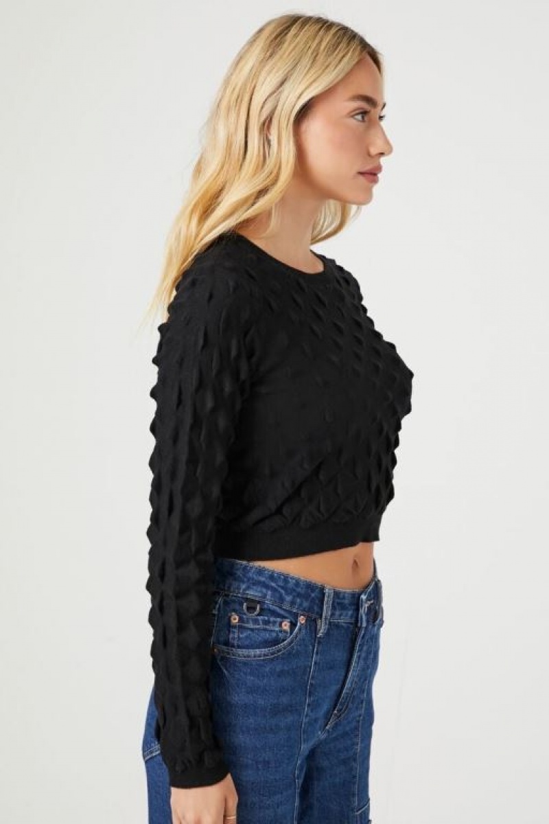 Suéteres Forever 21 Textured Cropped Mujer Negras | ujwzlpWgrHI