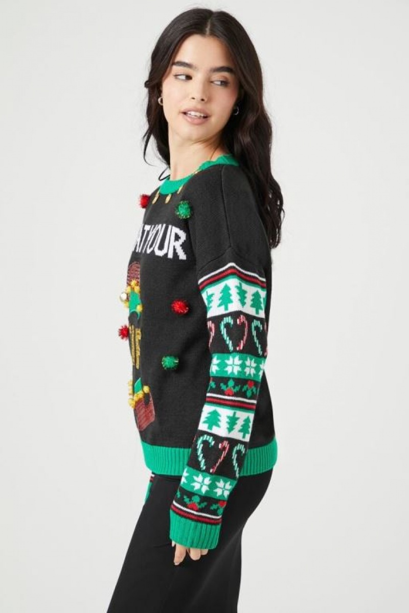 Suéteres Forever 21 Treat Your Elf Christmas Mujer Negras Multicolor | NjKl4KJKc3l