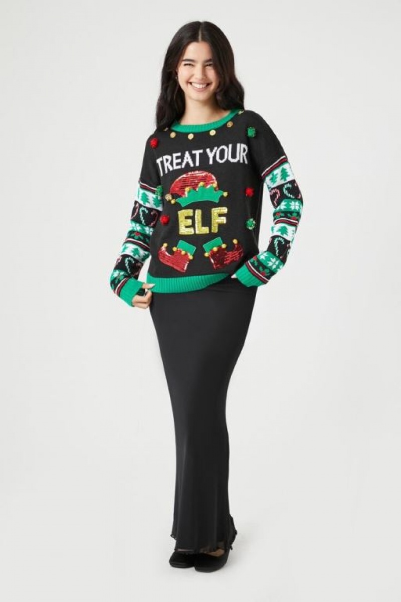 Suéteres Forever 21 Treat Your Elf Christmas Mujer Negras Multicolor | NjKl4KJKc3l