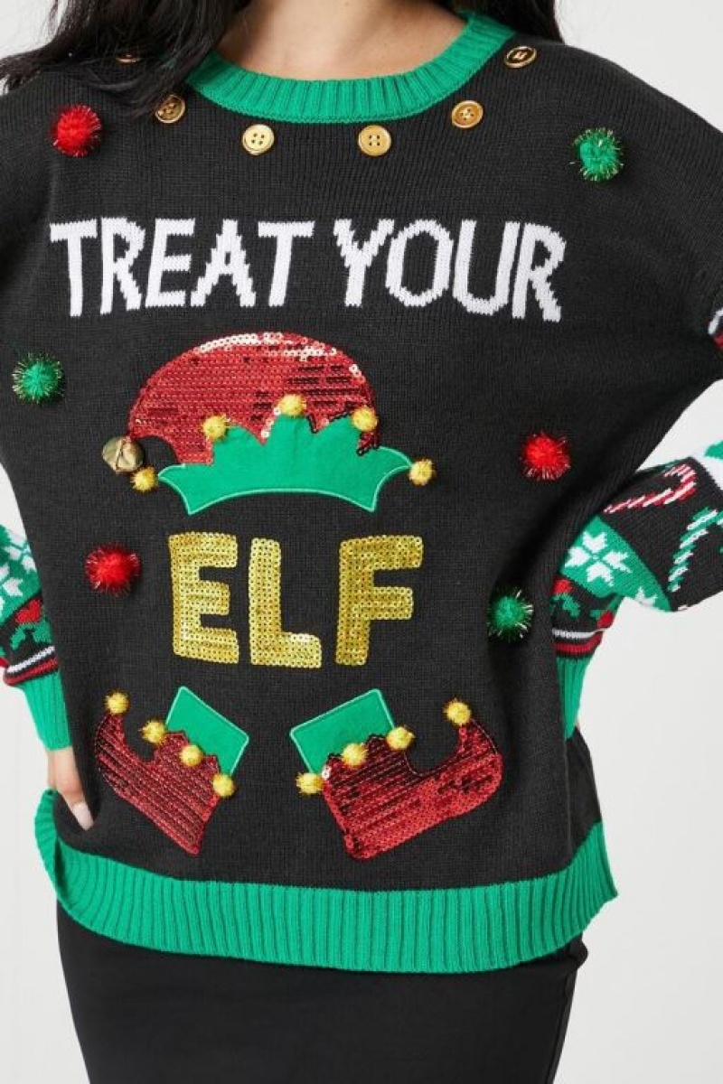 Suéteres Forever 21 Treat Your Elf Christmas Mujer Negras Multicolor | NjKl4KJKc3l