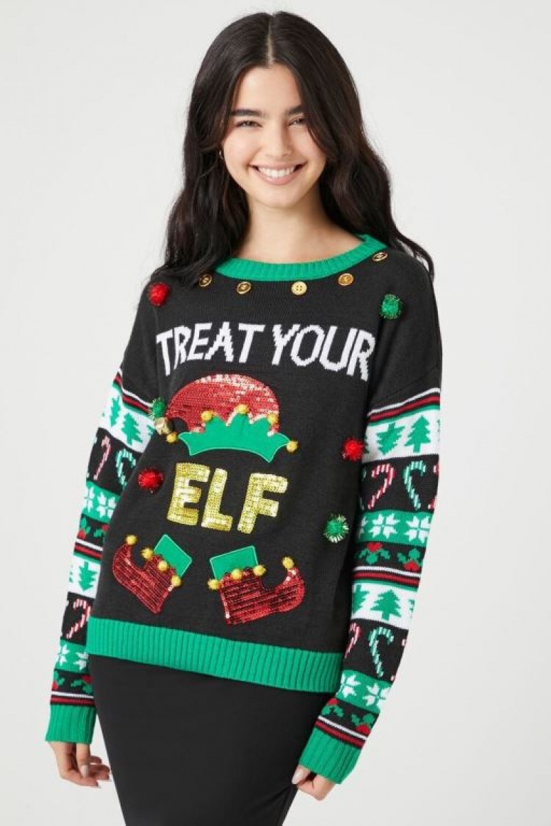 Suéteres Forever 21 Treat Your Elf Christmas Mujer Negras Multicolor | NjKl4KJKc3l