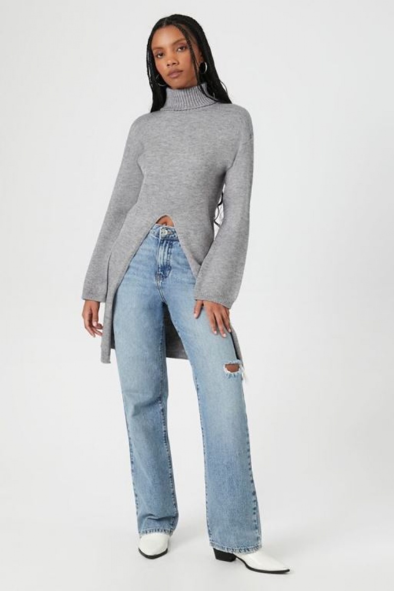 Suéteres Forever 21 Turtleneck Split Hem Mujer Gris | texhmF0m7nm