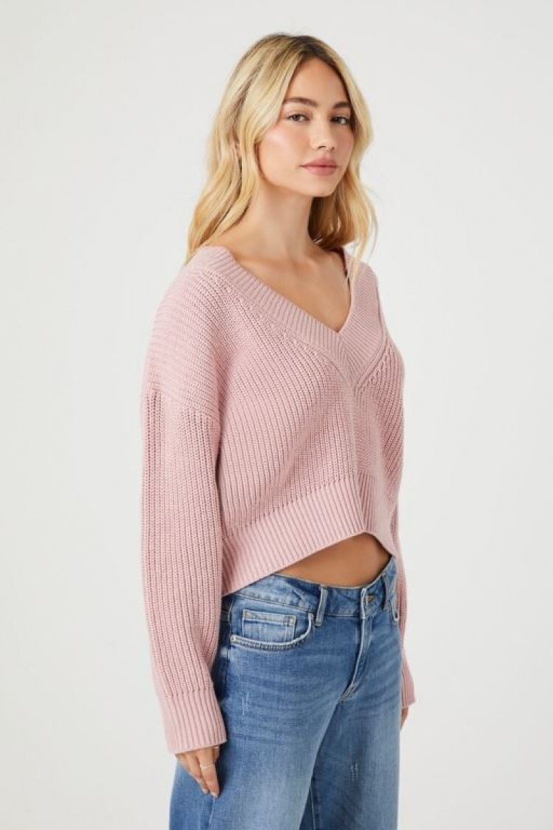 Suéteres Forever 21 V Neck Cropped Mujer Moradas | QHKRUQ1D500