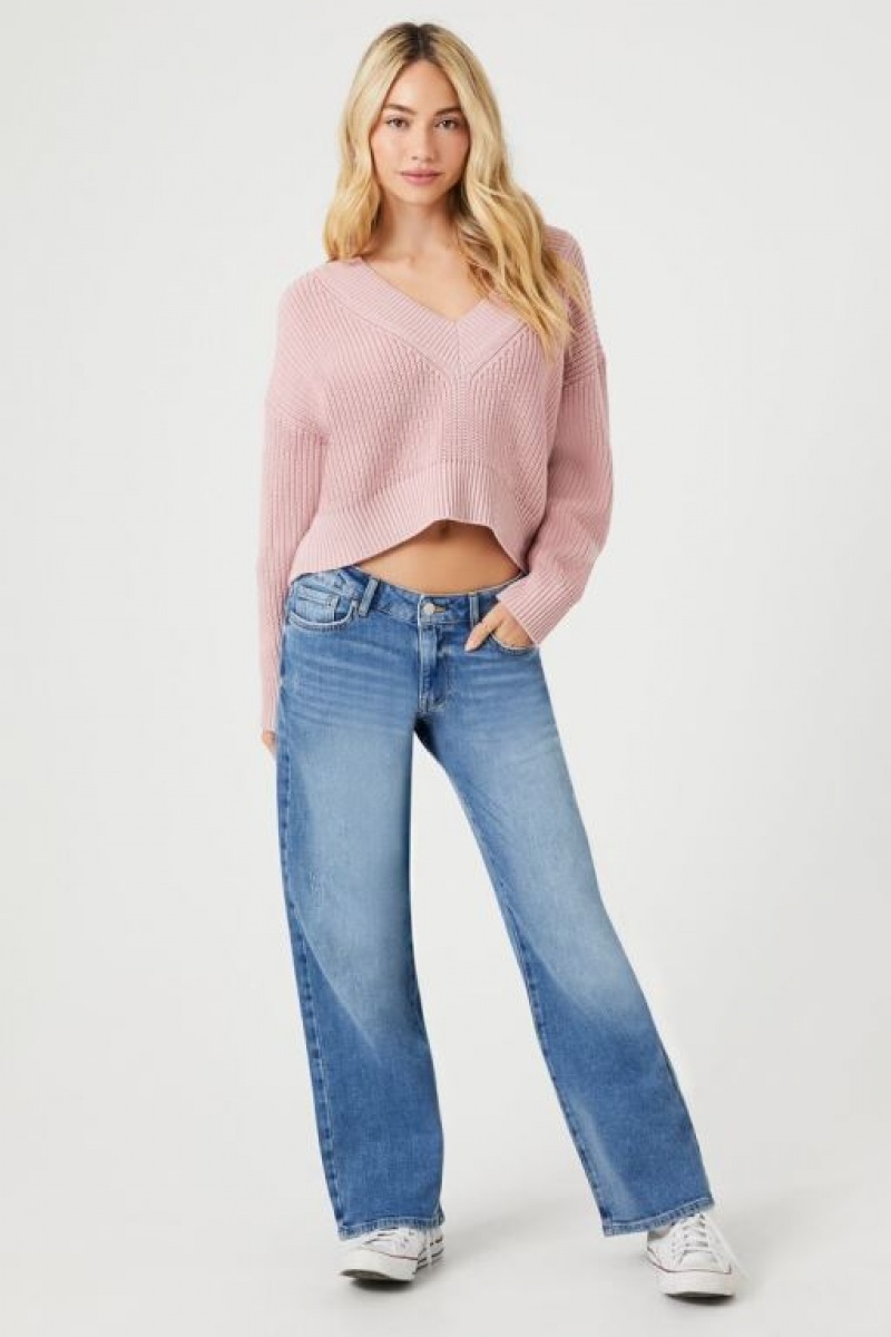 Suéteres Forever 21 V Neck Cropped Mujer Moradas | QHKRUQ1D500