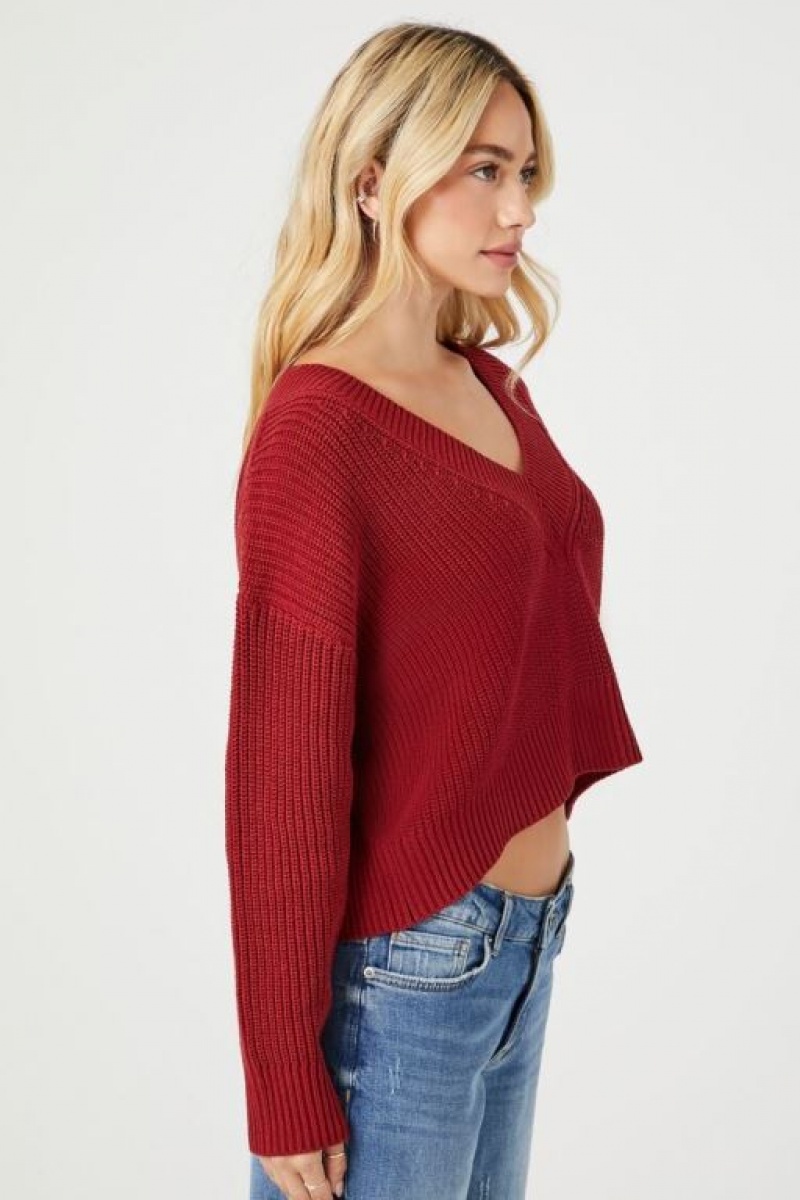 Suéteres Forever 21 V Neck Cropped Mujer Burdeos | a4o9Xhj7HWq