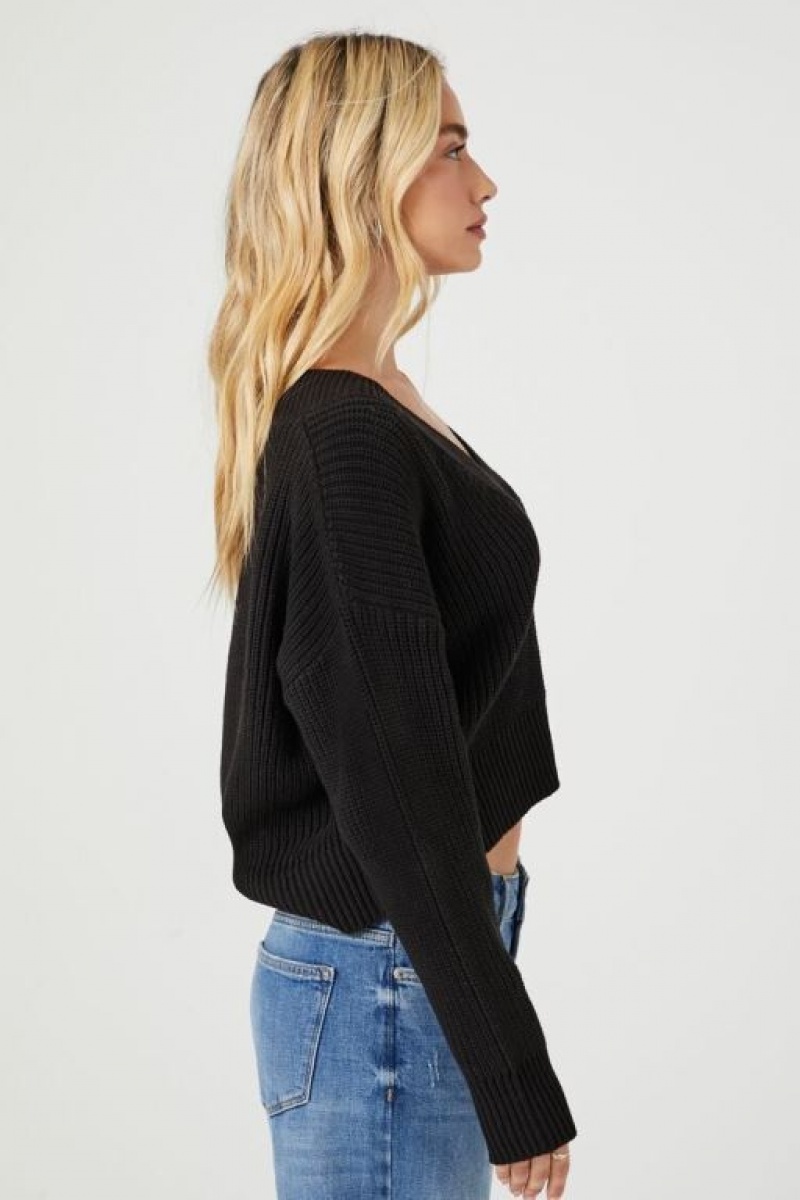 Suéteres Forever 21 V Neck Cropped Mujer Negras | cNNpibKBAWl