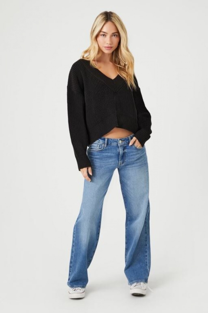 Suéteres Forever 21 V Neck Cropped Mujer Negras | cNNpibKBAWl