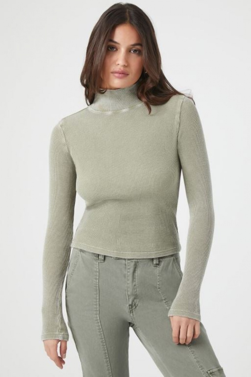 Suéteres Forever 21 Waffle Knit Turtleneck Mujer Gris Verde | L2BigYVw7BT