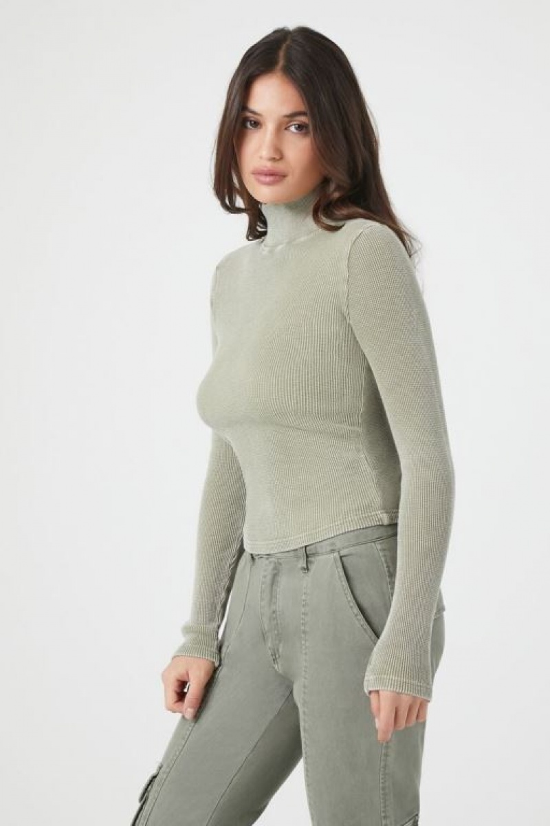 Suéteres Forever 21 Waffle Knit Turtleneck Mujer Gris Verde | L2BigYVw7BT