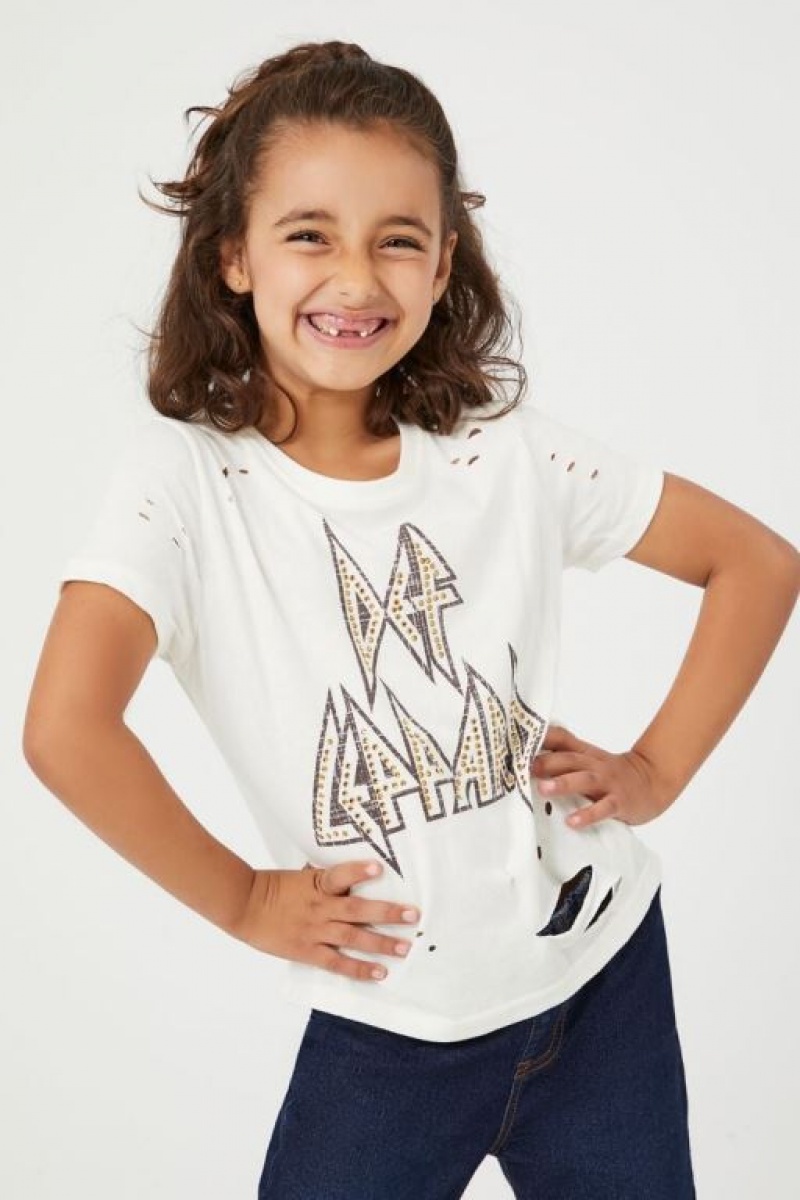 Tops Forever 21 Girls Boys Def Leppard Distressed Estampadas Niños Creme Multicolor | bL2NVGLwMz2