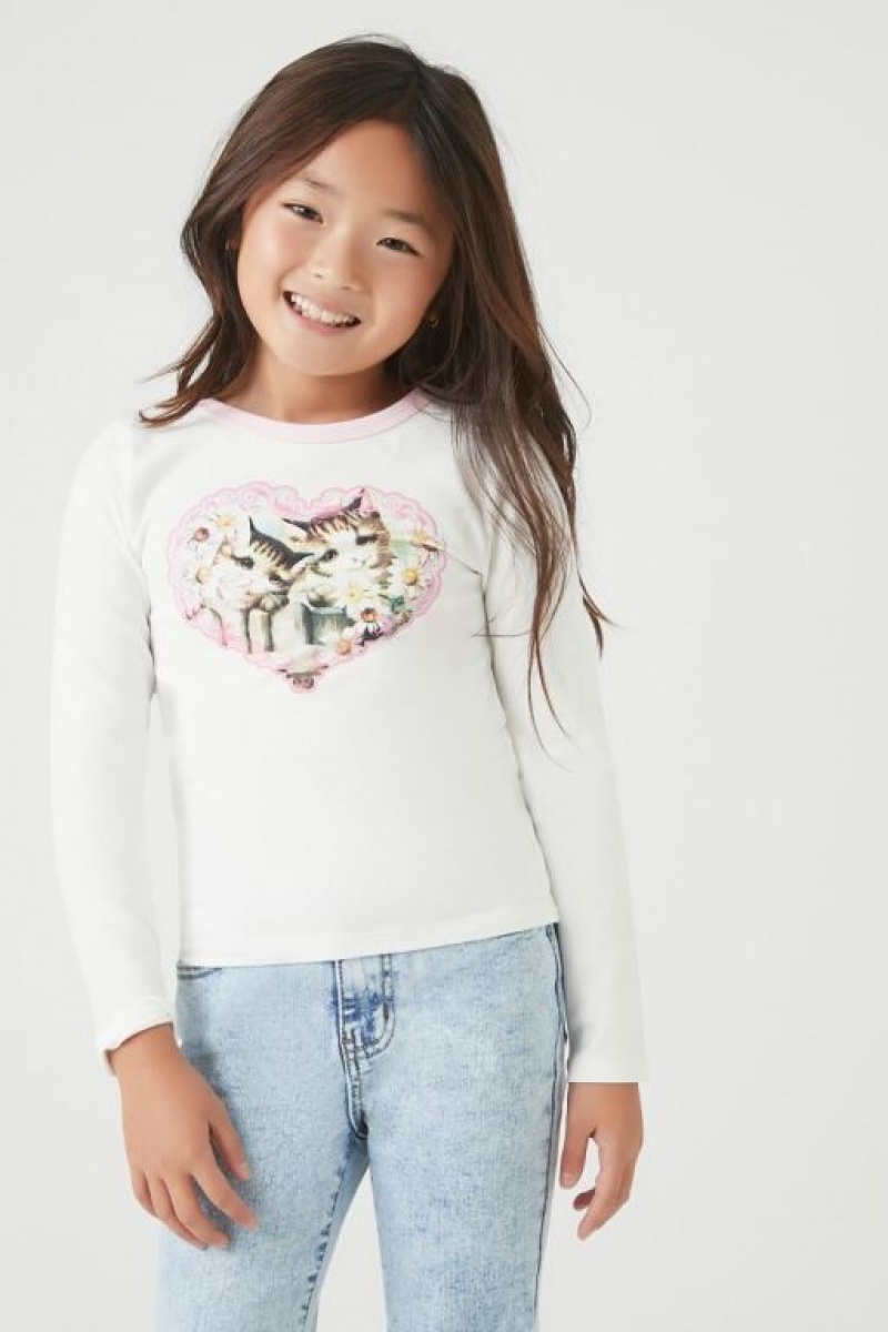 Tops Forever 21 Girls Long Sleeve Cat Estampadas Niños Blancas Multicolor | pvSxFhcD9So