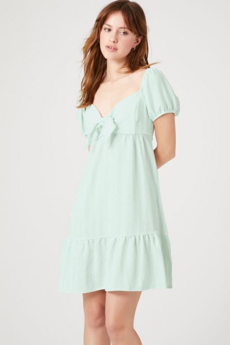 Vestido Forever 21 A Rayas Puff Sleeve Mini Mujer Verde Oliva Blancas | EJzzdxqkC8V