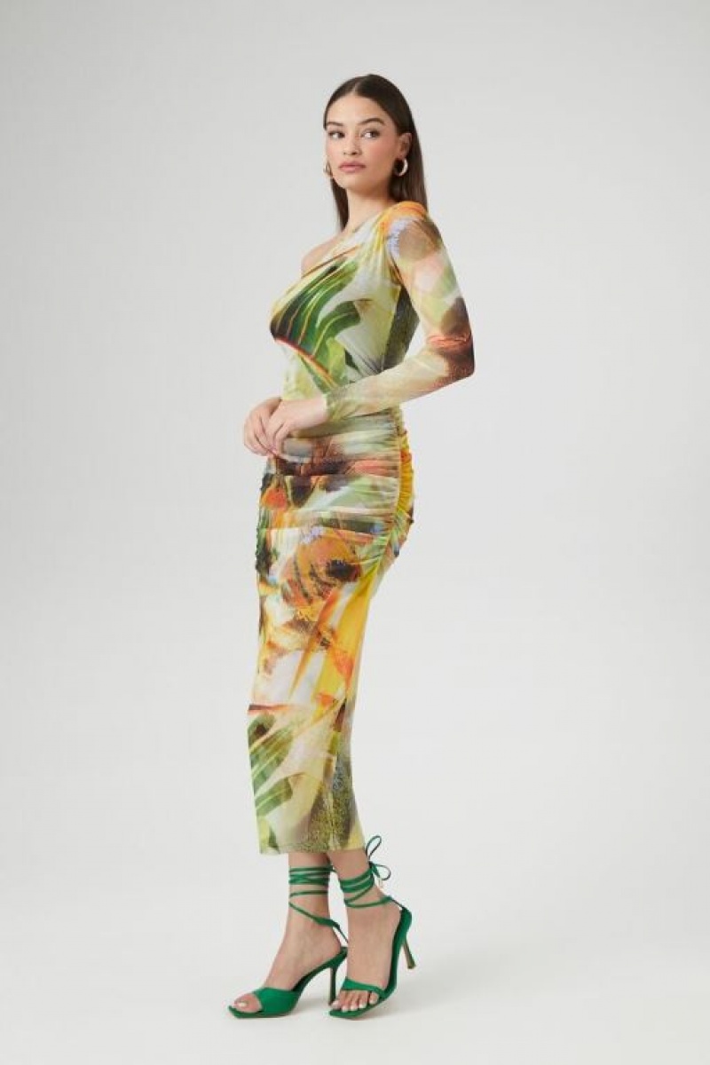 Vestido Forever 21 Abstract One Shoulder Maxi Mujer Gris Marrones Multicolor | tL5dQXFG1rB