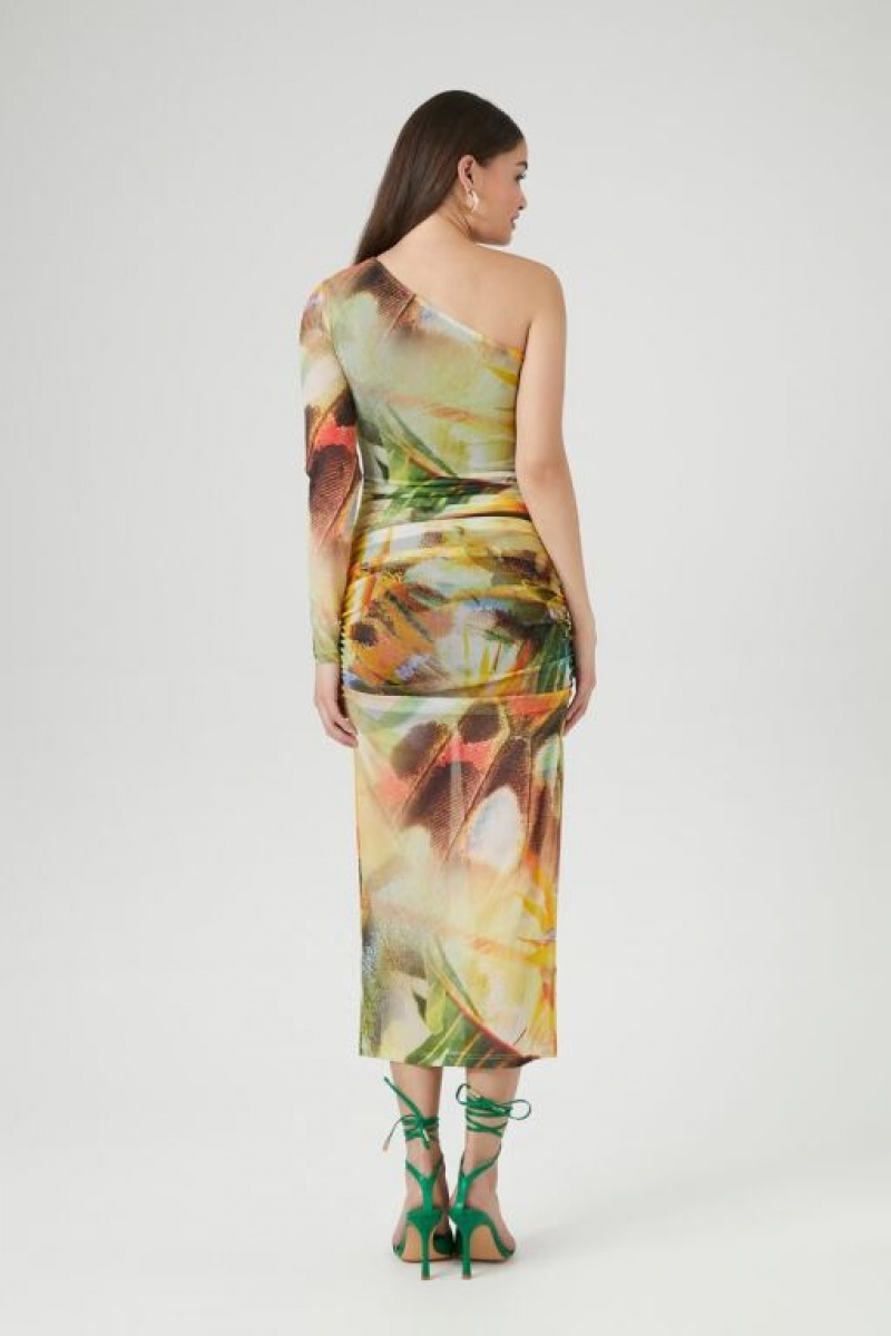 Vestido Forever 21 Abstract One Shoulder Maxi Mujer Gris Marrones Multicolor | tL5dQXFG1rB