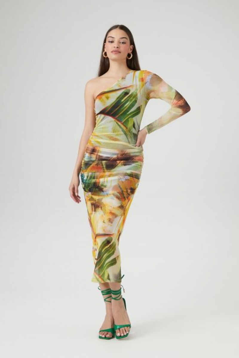 Vestido Forever 21 Abstract One Shoulder Maxi Mujer Gris Marrones Multicolor | tL5dQXFG1rB