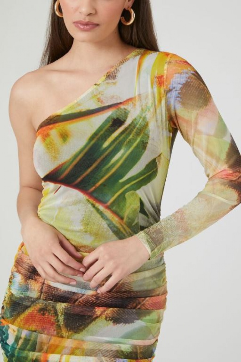 Vestido Forever 21 Abstract One Shoulder Maxi Mujer Gris Marrones Multicolor | tL5dQXFG1rB