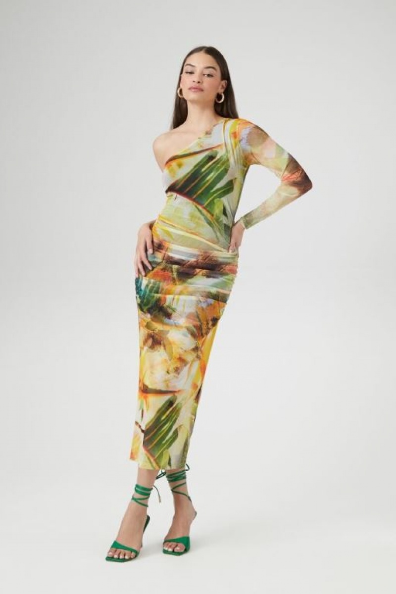 Vestido Forever 21 Abstract One Shoulder Maxi Mujer Gris Marrones Multicolor | tL5dQXFG1rB