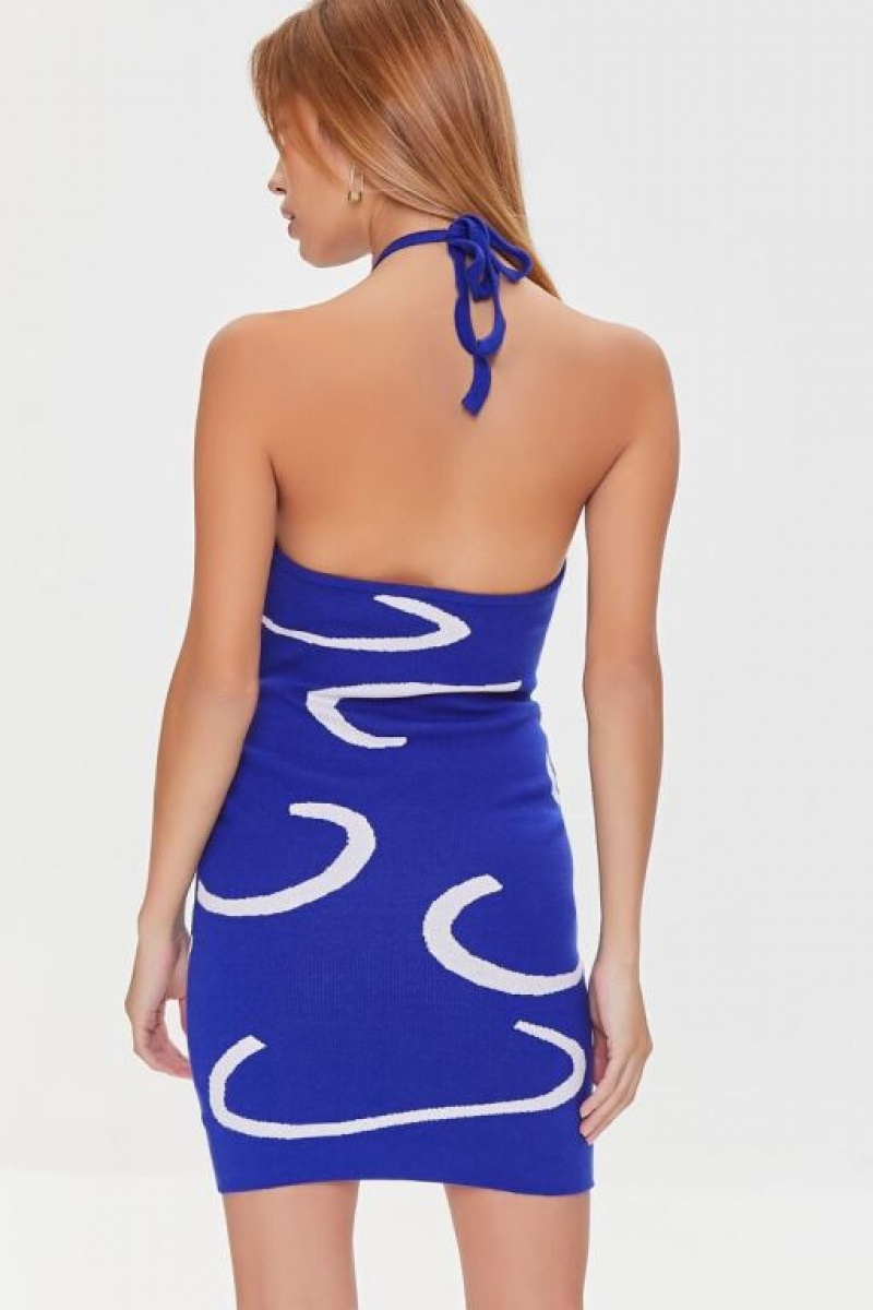 Vestido Forever 21 Abstract Print Halter Mujer Azul Real Creme | GEbxEZcomKS