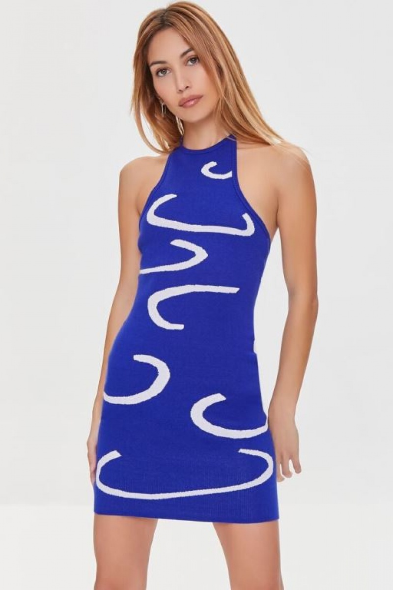 Vestido Forever 21 Abstract Print Halter Mujer Azul Real Creme | GEbxEZcomKS