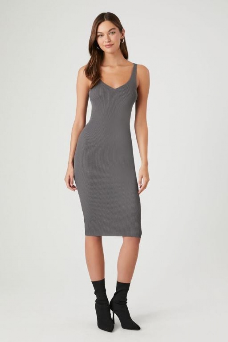 Vestido Forever 21 Acanalado Bodycon Midi Tank Mujer Gris | zFr8LQ3lJc9