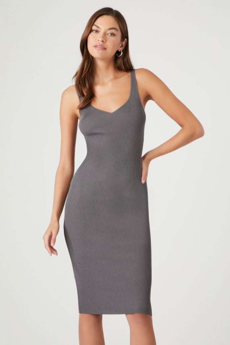 Vestido Forever 21 Acanalado Bodycon Midi Tank Mujer Gris | zFr8LQ3lJc9