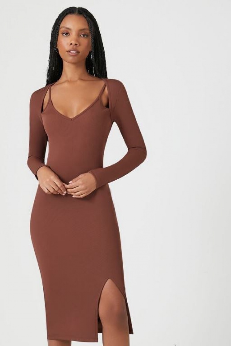 Vestido Forever 21 Acanalado Combo Bodycon Midi Mujer Marrones | Npv8ZFX0bTH