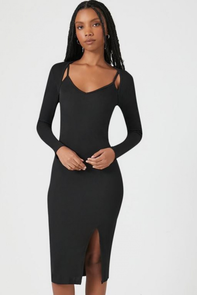 Vestido Forever 21 Acanalado Combo Bodycon Midi Mujer Negras | qw6JGzydllk