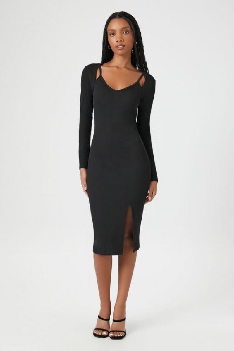 Vestido Forever 21 Acanalado Combo Bodycon Midi Mujer Negras | qw6JGzydllk