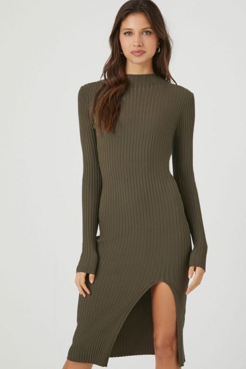 Vestido Forever 21 Acanalado Knit Midi Mujer Gris Verde | DECbvWWHQmo