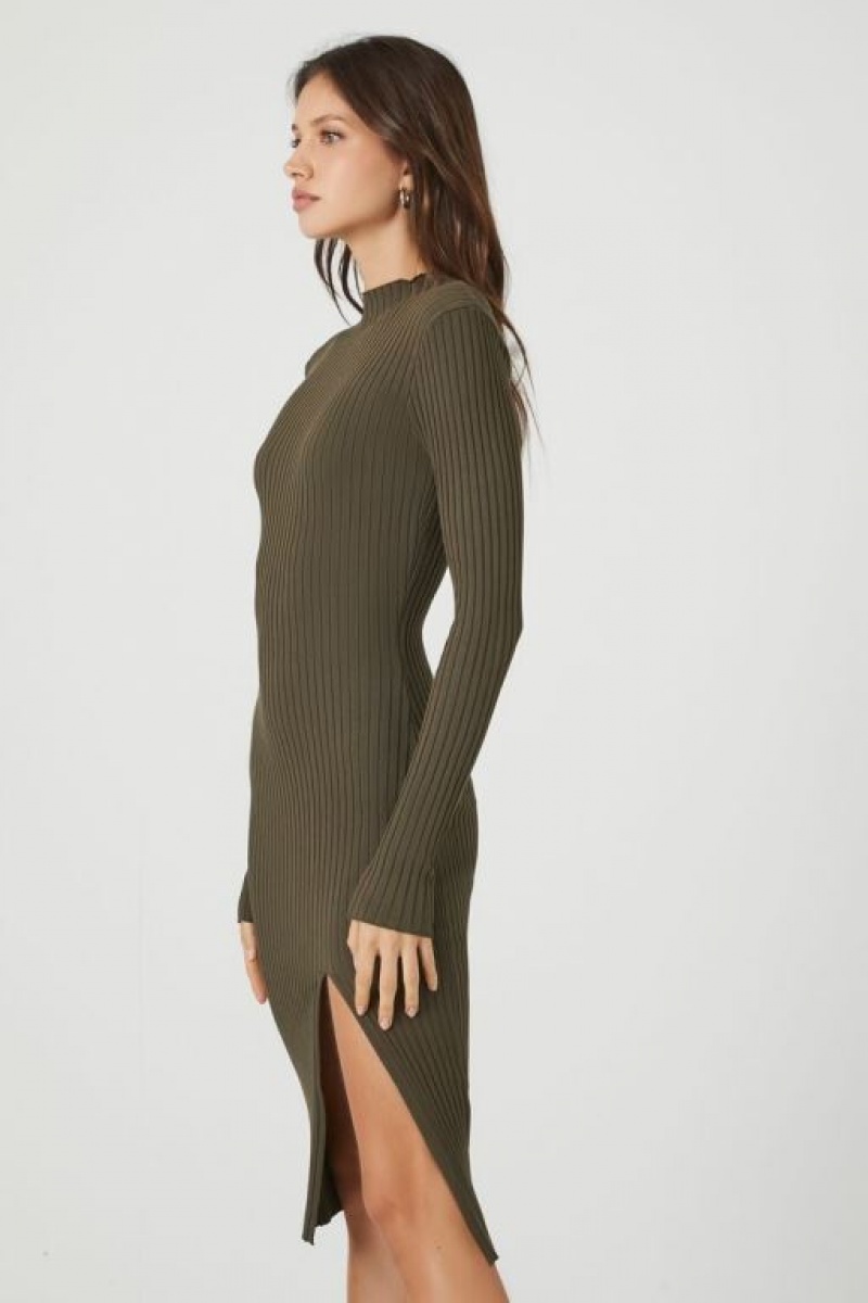 Vestido Forever 21 Acanalado Knit Midi Mujer Gris Verde | DECbvWWHQmo