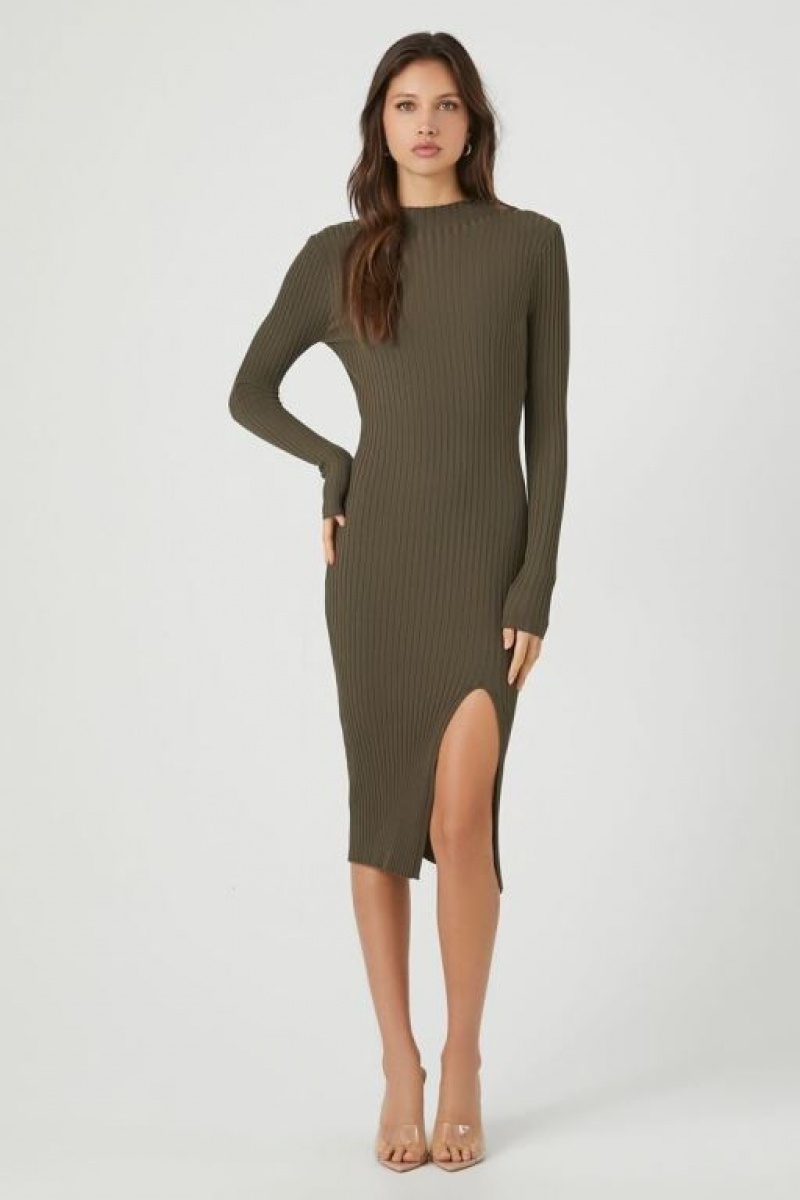 Vestido Forever 21 Acanalado Knit Midi Mujer Gris Verde | DECbvWWHQmo