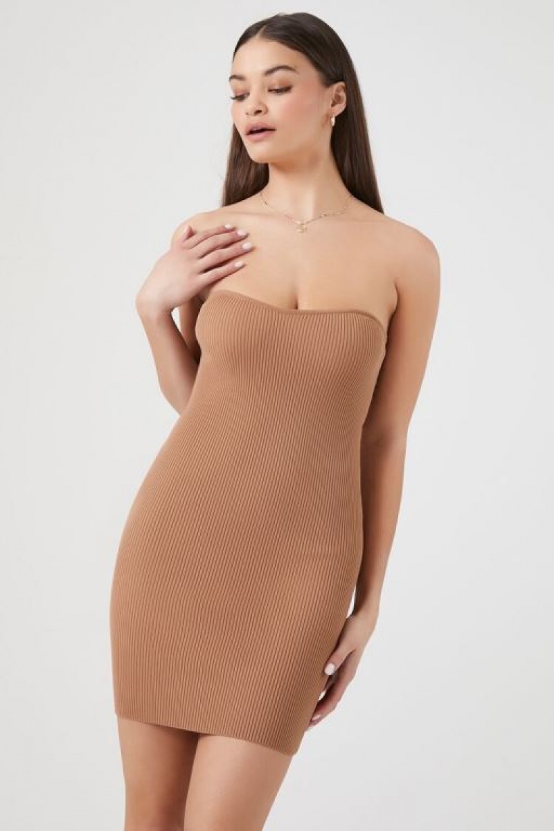 Vestido Forever 21 Acanalado Knit Tube Mini Mujer Almond | msb0s7qljn8