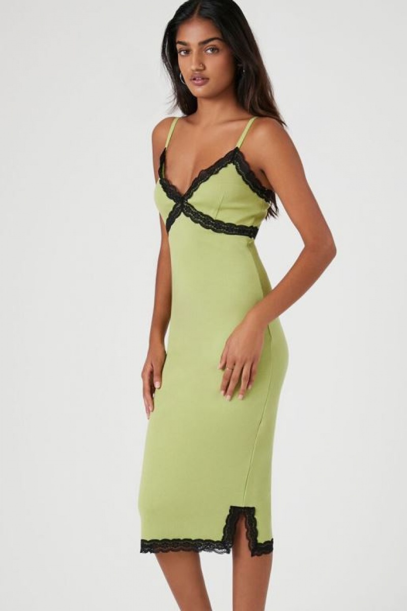 Vestido Forever 21 Acanalado Lace Trim Midi Mujer Verde Negras | ibMVGudOAKv