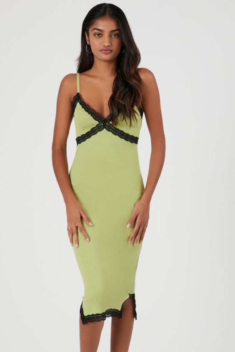 Vestido Forever 21 Acanalado Lace Trim Midi Mujer Verde Negras | ibMVGudOAKv